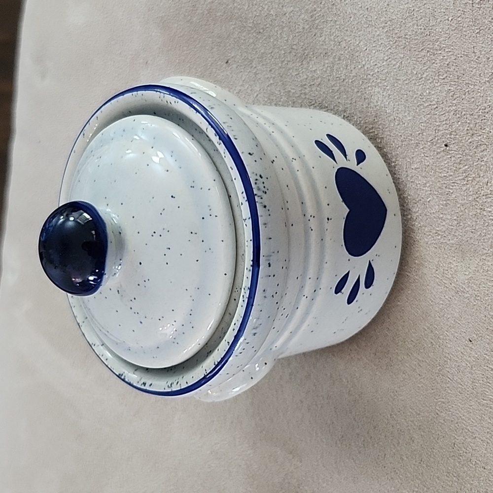 Mini Stoneware blue heart crock style sugar bowl from Taiwan